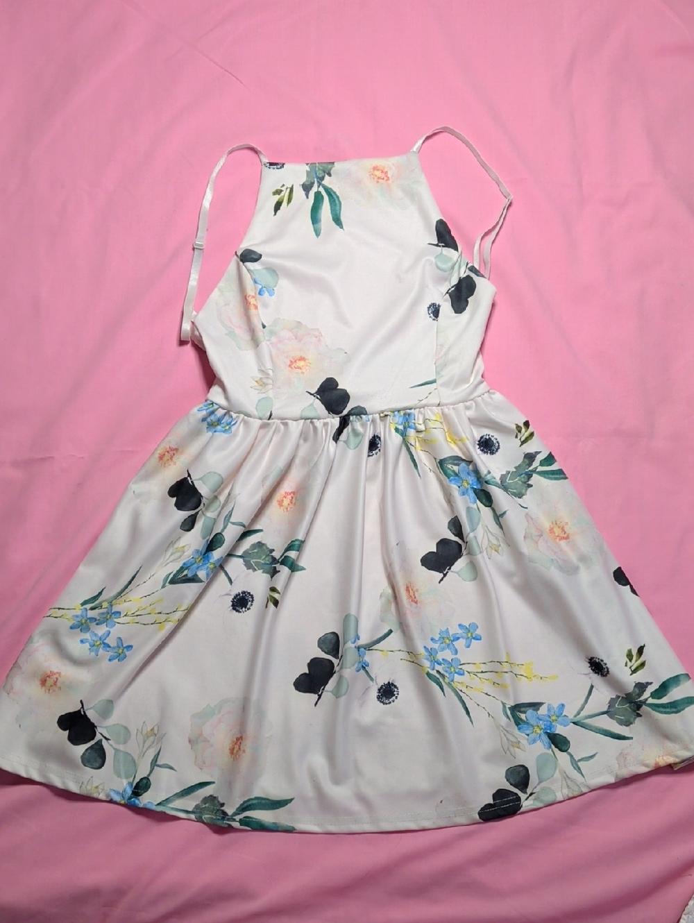 White Floral Halter Women's Dress